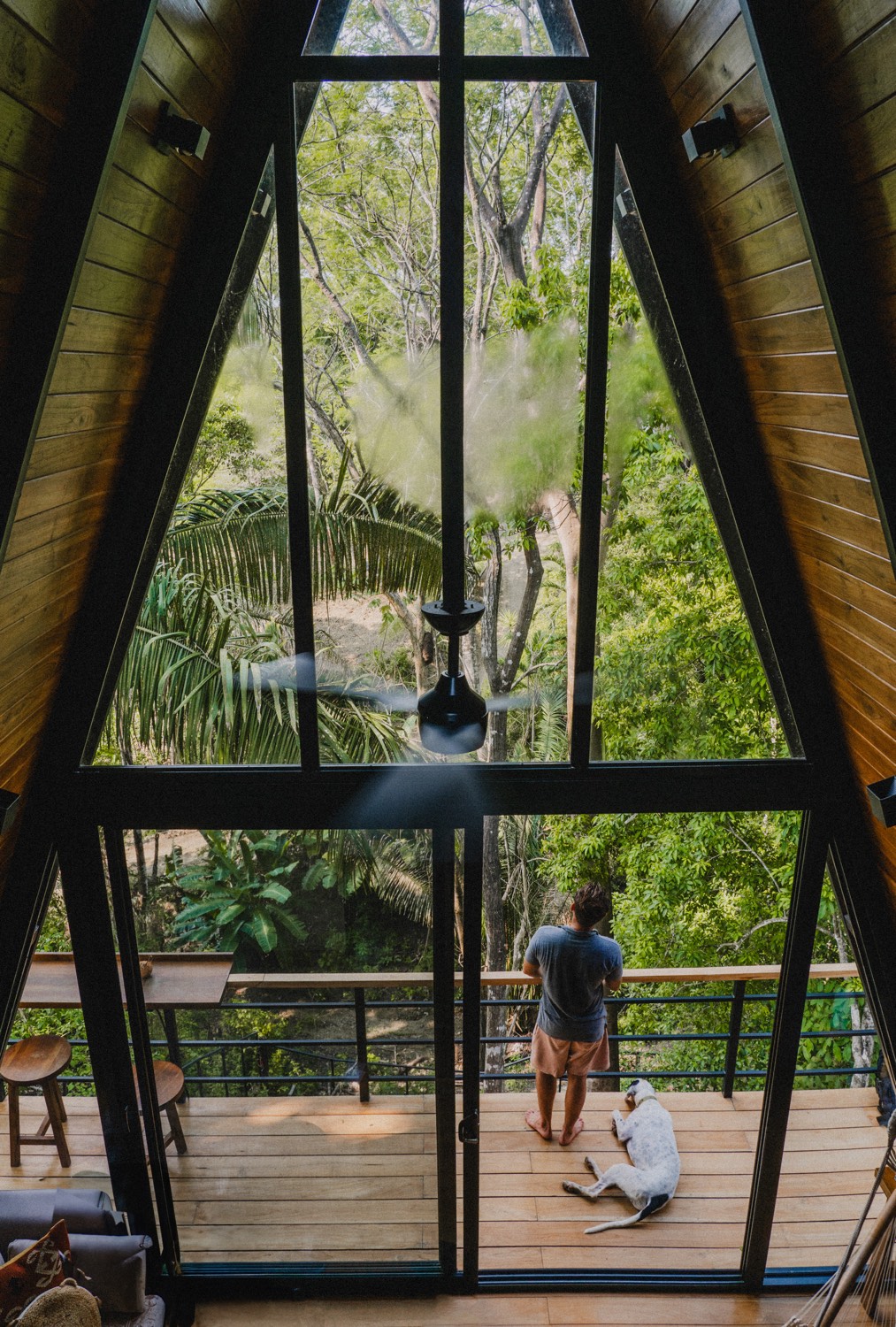 Looking down from an A-frame loft through tall windows at a man and a dog on a jungle deck