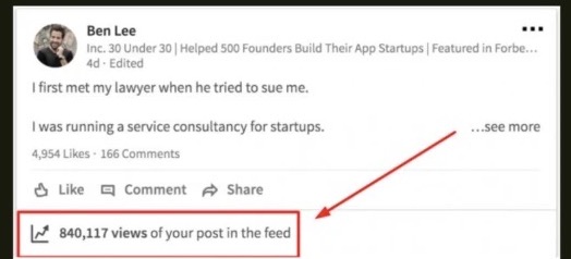 A LinkedIn post by Ben Lee showing 840,117 views of the post in the feed